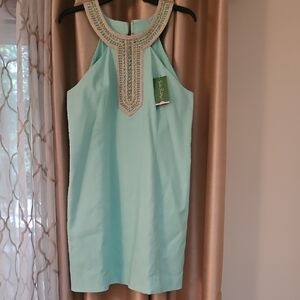 Aqua Sleeveless Dress with Embellished Neckline
